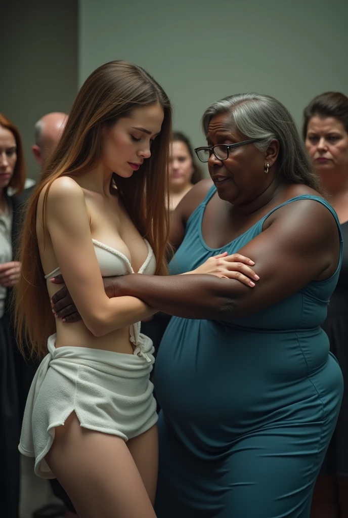 Create a photo of a 30 year old young woman, with a slender and beautiful body, with bare breasts and wearing black sweatpants, with white and clear skin, with long light brown hair, scared as she is being brutally assaulted and pushed to the ground by a nervous 90 year old black elderly lady, obese dark black skinned, who wears glasses and a blue dress.