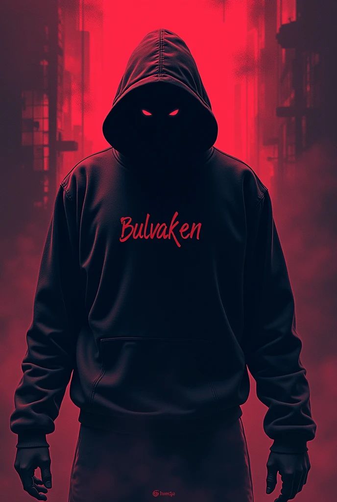 Generate a profile picture of a full-body 20-year-old boy wearing a black hooded sweatshirt and a scary red and black mask that covers his entire face and has his name on his chest "Maikol" and its background is very attractive with a city like a red hell

