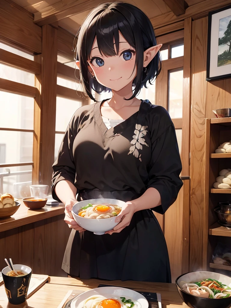 High resolution, 8K Ultra HD, ((Ink and painting)), Inside a traditional soba restaurant. An elf carrying a tray of wide udon noodles. The udon is topped with a fried egg and a dumpling.、(((One bowl)))、 Bob-cut black-haired elf, smile,　