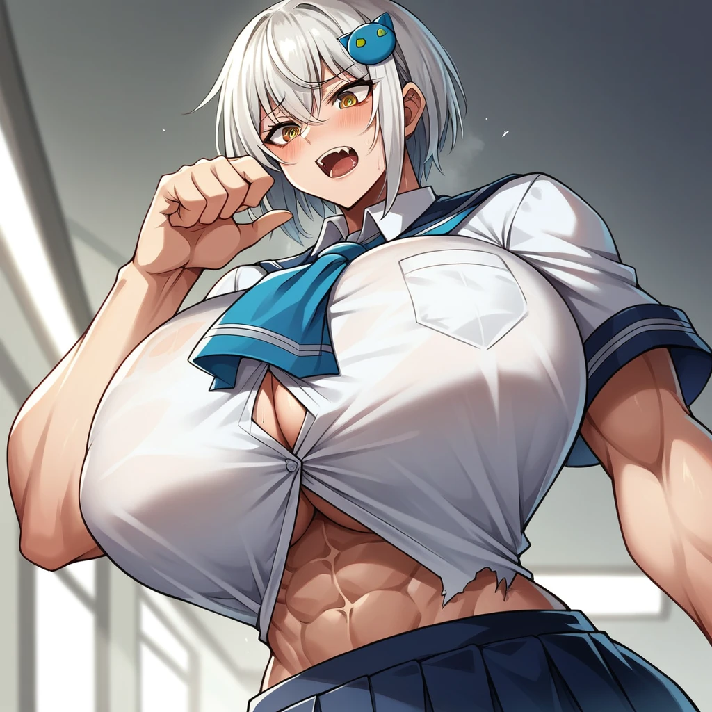 {Ultra gigantic breasts} massive cleavage, toned abs, giantess growth, school, school uniform, ripped clothes, orgasm, color, muscular, (koneko_tojou, hair ornament, white hair, short hair, yellow eyes, solo, cat hair ornament)