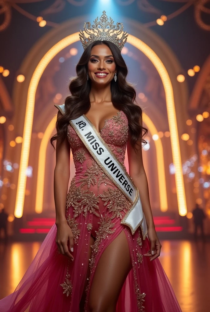 woman posing for a picture, arabic goddess, beauty, arabic, beautiful goddess, middle eastern girl, arabic super model, beautiful, gorgeous woman, middle eastern with medium long hair, sweet shy arabic, gorgeous beautiful woman, Arabian, beautiful middle eastern girl, extremely detailed goddess shot, jaw-dropping beauty, classy look, standing on a stage getting a crown, getting crowned for beauty pageant, miss universe contestant, gorgeous model, wearing a beautiful red maxi gown dress, wearing heels, thigh slip in a dress, beautiful girl with a crown on her head, on a stage giving a speech, holding a crown, a pageant content, modern stage behind her, spotlights, dark green stage, f-cup cleavage, on American stage, large cleavage