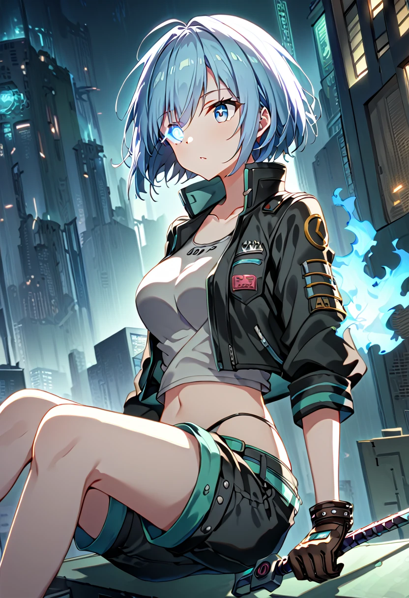 (uncensored), score_9, score_8_up, score_7_up,source_anime, high quality, exceptional, best quality, perfect hand, 1 girl, (solo), side view, detailed face, detailed eyes, ((her right eye is glowing, blue fire)), (((short hair))), (dark), ((grey crop top)), ((black g-string panties)) , (middle size breasts), ((designed black jacket)), (((short pants))), ((leather gloves, her hand have cyberpunk swords)), ((sitting on the edge of a building, night)), hatsune miku, no hair clip, thin light blue hair, blue eyes visible through hair, glowing eye, (cyberpunk), steampunk near future city, a lot of building