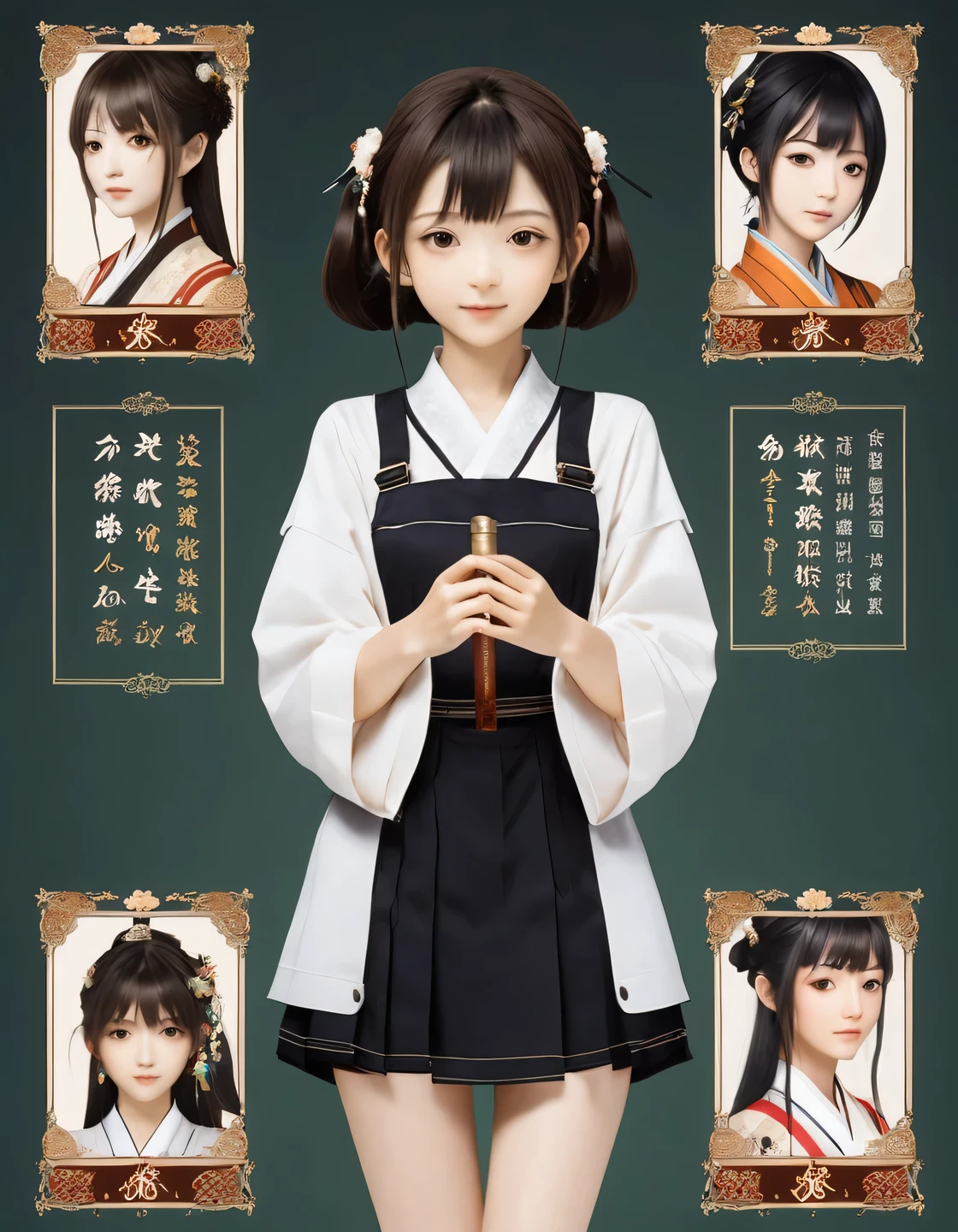 ((live-action, photograph)), Score_9, Score_8, Score_8 Up, RPG style character status screen with young female name [number.003Mirei♀18]Displayed prominently at the top of the screen. The interface is designed in RPG game style, Three Views, Front View, Rear and side view, Simple Background, The screen displays seven main abilities:: fine (Physical Strength), Intellectual (Intellection), Charisma (charm), Alert (speed), Grace (grace), charm (Sex Appeal), と幸fortune (fortune). Each ability is represented by a horizontal bar., Filled to indicate the current level, and ranks S to E. In addition, the special skills Mimicry (Mimicry) とabsorption (absorption) appears with an icon and description, Best Quality, photograph, Live Action, Standing girl,Big Breasts, Slim face, The body is slim, bangs, Brown Hair, Straight Hair, Natural Makeup, Almond Eye, Black choker, Looking into the camera, Japanese idol faces, ((Naked Apron, mini skirt, Uniform, Summer clothes)), Happy expression, (((anime:-2)))
