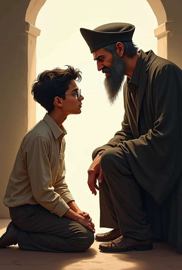 If only he had made it clear to us from the beginning. The picture shows a man trying to explain something to his son. In an east arabian style.