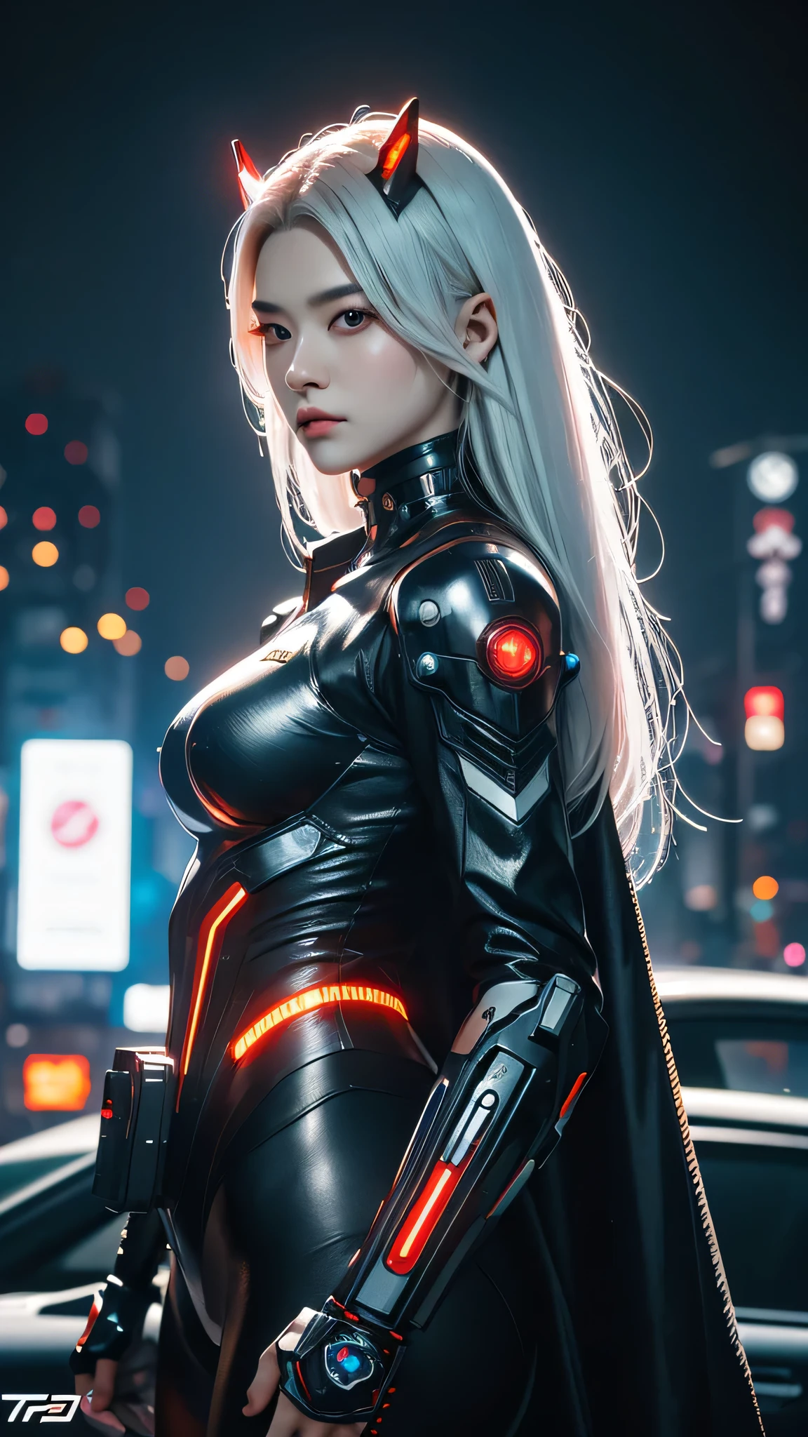 1girl, a beautiful girl cyborg cyberpunk with a cyberpunk city tall buildings, white hair, cybermask, white and orange and black machine suit color combination, the body full of machine, realistic futuristic hologram, asian skin tone, beautiful eye, beautiful asian face, cyber ear machine, suits is solid mecha, realistic machine, sci fi scape, manipulation is a masterpiece, long hair, masterpiece, suit of cyberpunk, realistic sci fi building texture mecha aestethic, digital cyberpunk, looming over a city, cyber technology, realistic hair, lots of hair, white of hair, realistic metal solid texture of building, realistic neon glow, realistic neon sign, wonderful side lighting, realistic futuristic cyberpunk building, realistic girl robot cyberpunk, fog, foogy, masterpiece of detail, RAW IMAGE, depth of field, point of interes, depth of field is masterpiece, best photography composition masterpiece, natural realistic hair, rule of third masterpiece photography, natural lighting, photography masterpiece natural lighting from side, realistic skin texture, strong reflection, ( pose pinterest) masterpiece beautiful, Devil Horns, smooth pixel, ray of light, soft light, small breasts, mastepiece of cyber mask, masterpiece fantasy gun, carry a fantasy weapon, weapon fantasy (artstation)