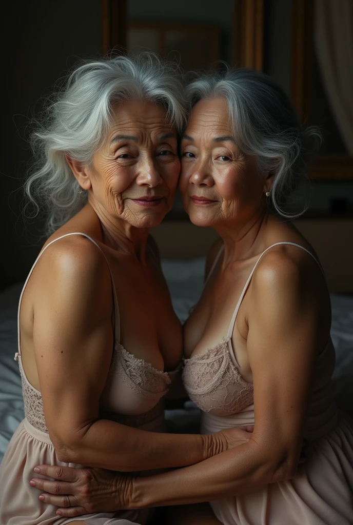 ((Photorealistic)), ((photography)), ((photo)), (full view), (perfect analog photo of a beautiful 55 years old italian woman), (mature woman:1.2), naked, nude, perfect face, natural beauty, natural skin, beautiful mouth, nice lips, lush lips, (wrinkles, wrinkly skin, age spots:1.2), (oily skin:1.2), (slim and fit body), (slim and fit waist), (slim and fit legs and thighs), (nice and round hip), arm raised, armpit, underarm, gray hair, long wavy hair, very big eyes, round eyes, brown eyes, very beautiful eyes, tanned skin, bigsaggynugs, huge breasts, smirking, posing, alluring, horny, ((one young man hugging and grabbing her from behind:1.2)), hyperrealism, (highly detailed skin), (highly detailed face and eyes), (highly detailed breasts and nipples), (high quality), (best quality), at Antelope Canyon, outdoor, natural light, soft shadow, film grain, ((masterpiece)), sharp focus, depth of field