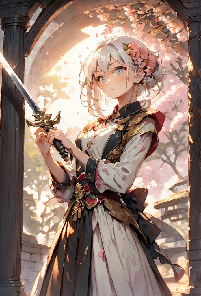 Make a short white haired female anime character wielding a sword, make it very detailed and beautiful 