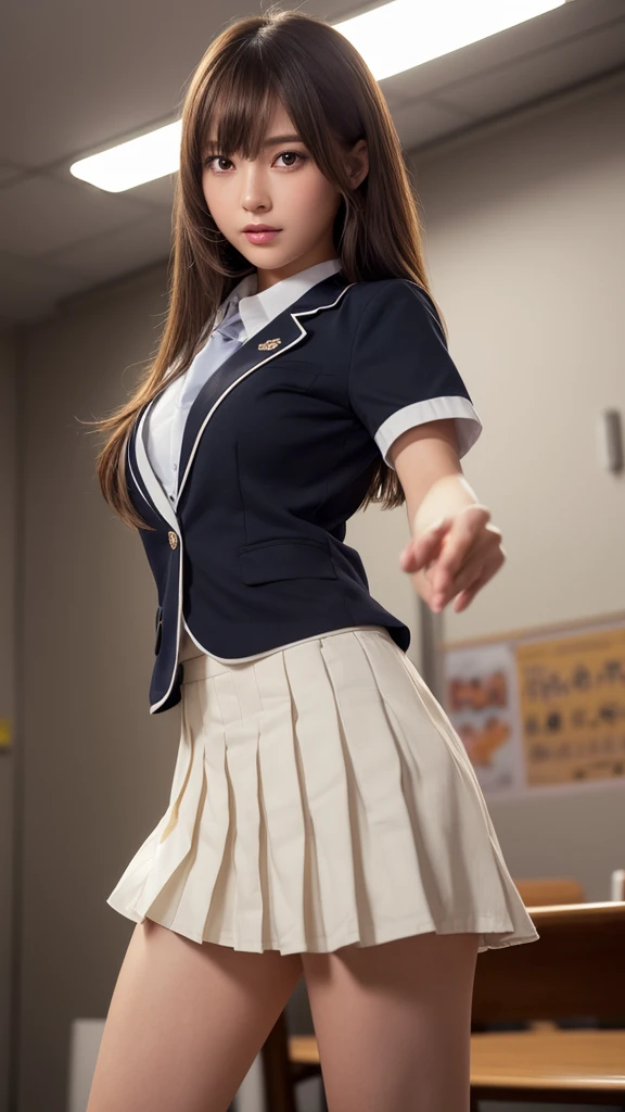 Product quality,1 girl,(Shooting from below:1.4),(Thigh Emphasis:1.4),Young and pretty girl in Japan,Daytime, (High school classroom:1.2),(Short sleeve shirt:1.3),(Schoolgirl uniform:1.3),(blazer:1.3), (Ultra mini pleated skirt in white:1.5),(Skirt Lift,No pants:1.6),Very cute face,Glossy Lips,Beautiful big eyes,Brown eyes,Double eyelids on both eyes,(Natural Makeup),shiny smooth light brown long hair,,,,Asymmetrical bangs,Floating Hair NovaFrog Style,Center image,8k resolution,Attention to detail,Detailed hairstyle,Detailed face,Cinema Lighting,Octane Rendering,Ultra-realistic,Perfect limbs,Beautiful feet,Voluptuous thighs,Huge breasts,Perfect Anatomy,Spread your legs,(Provocative dynamic pose:1.3)