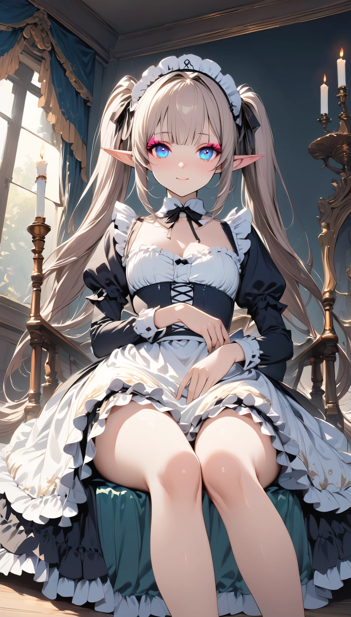 ((masterpiece )), (Best Quality), (Best Quality), ((Very detailed, 8K quality)), aesthetics, Volumetric lighting, (Detailed line drawing),
break,
Very detailed (Elf), (One girl), Perfect Face, Details, Double Pigtails, Blunt bangs, (Hair between the eyes), Gray Hair, blue eyes, eyelash, Eyeshadow, pink Eyeshadow, A light smile, Design art by Artgerm, by Kawashi, By Yoshitaka Amano,
break,
Portraiture, French maid dressed in French maid uniform, Victorian Goth Maid, Head ornament, indoor, ((Antique Victorian Mansion)), Dusty, dim, Candle holder, Covered in spider webs, Cowboy Shot, Dynamic Angle, Side table, Swing your legs, [Sleepy eyes, Tired look, Extreme boredom, View your viewers, Place your chin on your hand, (Graphic Background, (Plain background)), Correct Anatomy, Yoshitaka Amano, Webbed Tech, A blurry, organic web, eroguronansensu, Horror, goat, Gothic art style,
break,
((Perfect Anatomy)), Nice body, Mid-chest, Very detailed指, The best move, Perfect Face, Beautiful Face, Beautiful Eyes, Perfect Eyes, Perfect Fingers,