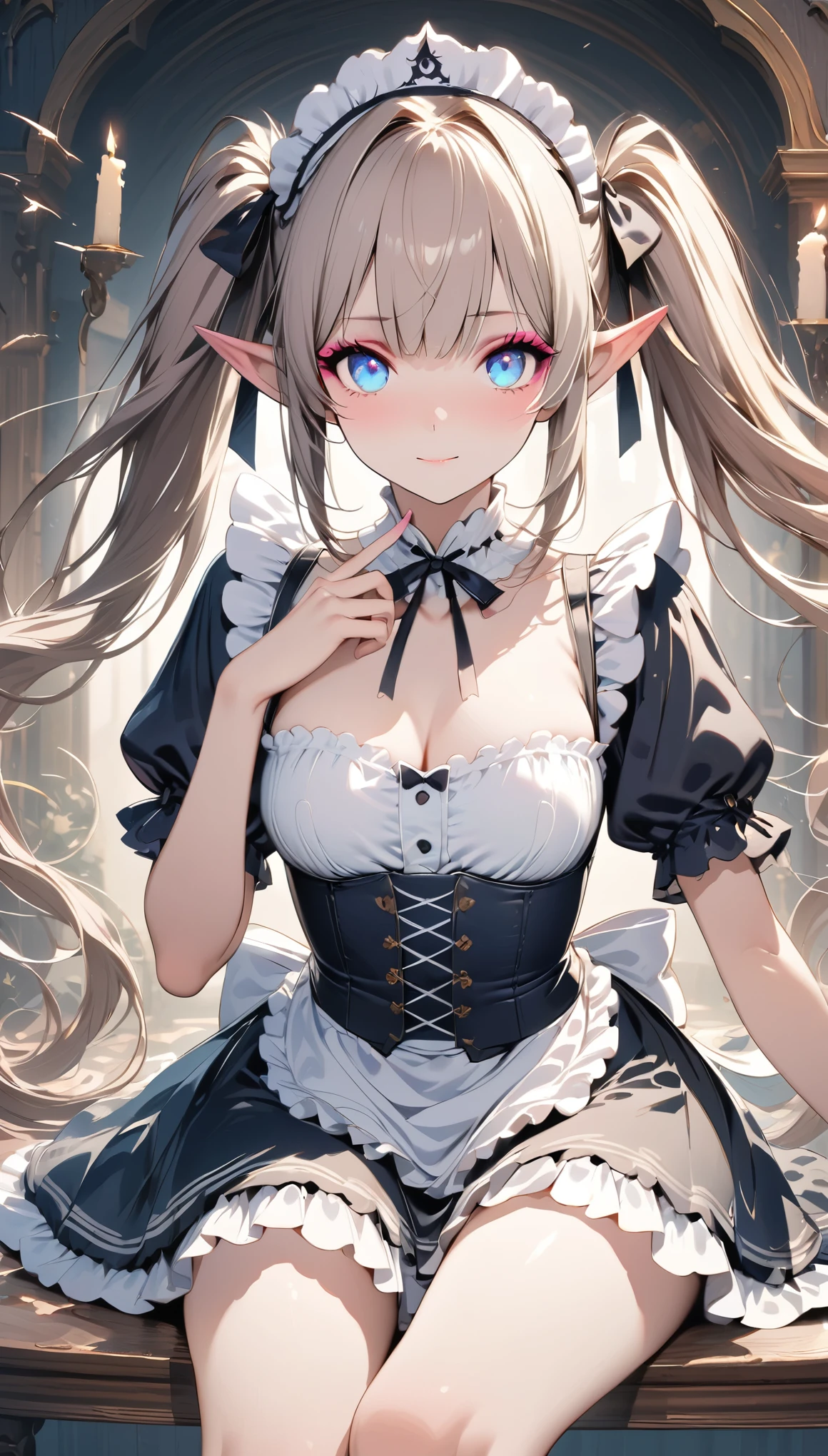 ((masterpiece )), (Best Quality), (Best Quality), ((Very detailed, 8K quality)), aesthetics, Volumetric lighting, (Detailed line drawing),
break,
Very detailed (Elf), (One girl), Perfect Face, Details, Double Pigtails, Blunt bangs, (Hair between the eyes), Gray Hair, blue eyes, eyelash, Eyeshadow, pink Eyeshadow, A light smile, Design art by Artgerm, by Kawashi, By Yoshitaka Amano,
break,
Portraiture, French maid dressed in French maid uniform, Victorian Goth Maid, Head ornament, indoor, ((Antique Victorian Mansion)), Dusty, dim, Candle holder, Covered in spider webs, Cowboy Shot, Dynamic Angle, Side table, Swing your legs, [Sleepy eyes, Tired look, Extreme boredom, View your viewers, Place your chin on your hand, (Graphic Background, (Plain background)), Correct Anatomy, Yoshitaka Amano, Webbed Tech, A blurry, organic web, eroguronansensu, Horror, goat, Gothic art style,
break,
((Perfect Anatomy)), Nice body, Mid-chest, Very detailed指, The best move, Perfect Face, Beautiful Face, Beautiful Eyes, Perfect Eyes, Perfect Fingers,