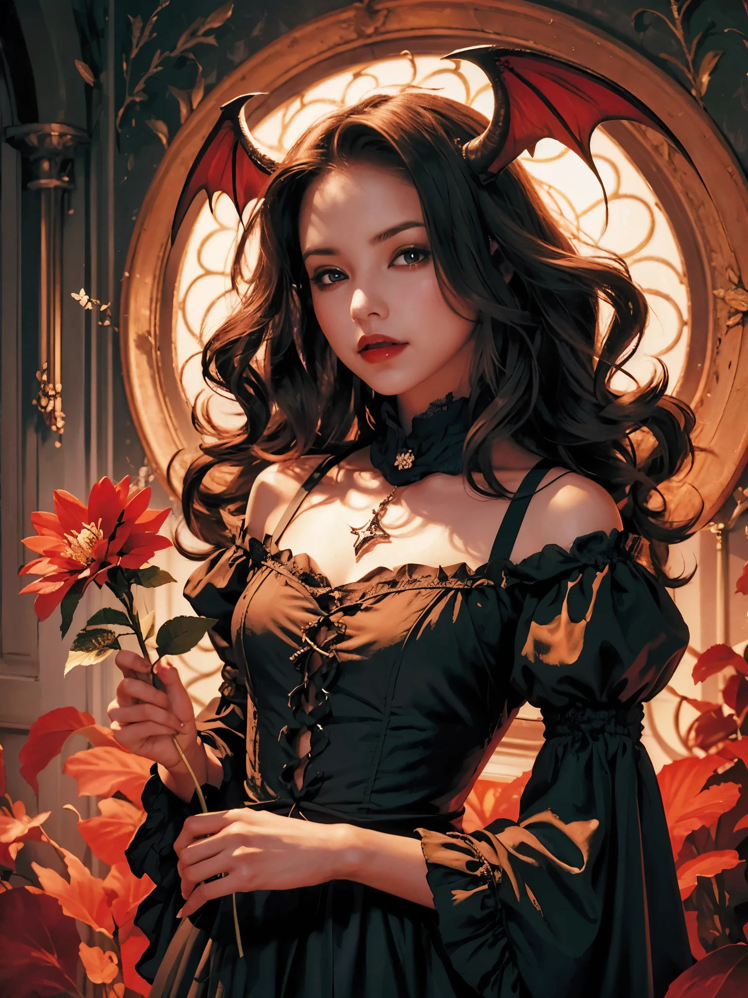 oil painting, impressionism, abstract, surrealism, girl, holding flower on her chest, ruched off-shoulder tunic dress, long wavy hair, looking at viewer, red lipstick, satan, succubus, blue pupils, gothic, dark fantasy, dramatic, vibrant, feminine, elegant,