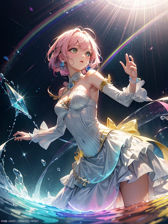(((textile shading))), (((highest quality))), (((masterpiece))), (((Detailed CG))), 13 years old, (((Magical girl))), (small breasts), pink hair, ((short hair)), pink eyes, (((Pink Satin Dress))), pink satin skirt, pleated skirt, (((elbow bag, long gloves, white satin long gloves))), white garter belt, (white satin knee socks), pink satin collar, (((super shiny smooth satin clothes))), (((game CG))), ((In the night sky, Remains)), (((((embarrassing, blushed, ecstasy, sweating))))), (((((Slimy clear oil covering her clothes and body, wet her clothes, There is slimy, clear oil on her clothes.))))), armpit, (((heavy breathing)))