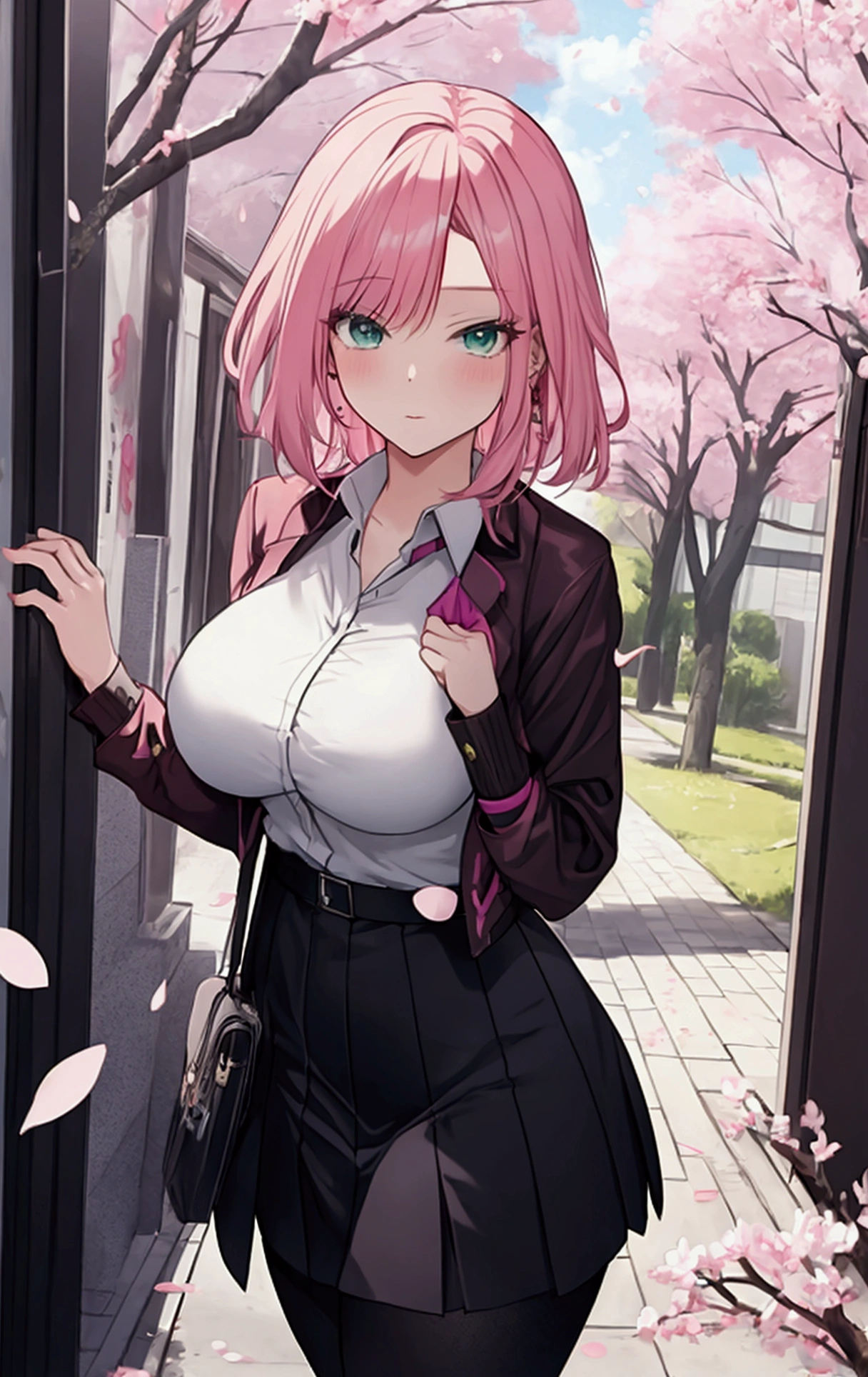 A girl with pink hair and green eyes poses for a photo shoot, Sakura Haruno, adult, Big Breasts, Best anime 4k konachan wallpaper, Enchanting anime girl, I also make fan art, sakura petals around her, Splash Art Anime , Anime Style 4k, Anime Moe Art Style, High quality anime art style, Detailed anime artwork, Anime Wallpaper, Anime Best Girl, female teacher, {{He murdered a female teacher, ripped off her face, and took her place in the school to break into the school.}}, NSFW