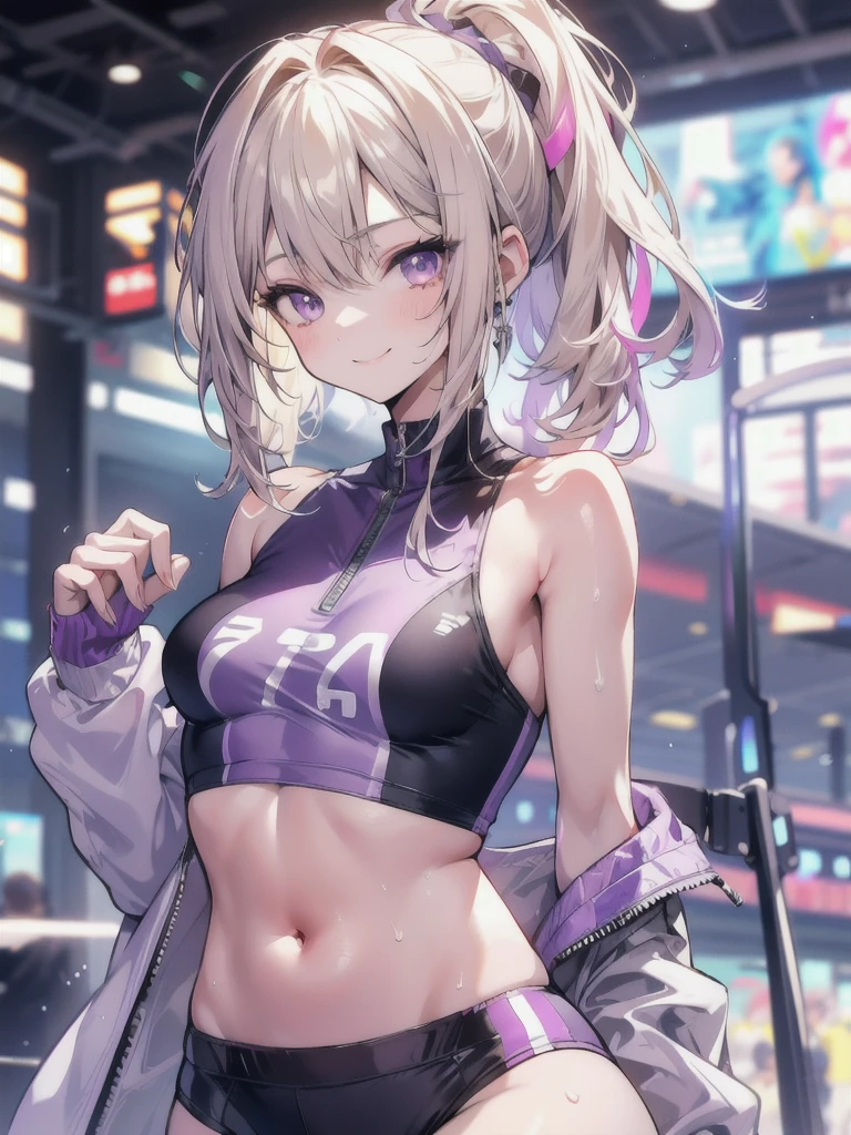 shizukamikazuki, shizuka mikazuki, short hair, purple hair, hair ornament, hairclip, (pink eyes:1.5), swept bangs,
BREAK navel, cleavage, jacket, open clothes, midriff, hood, open jacket, blue jacket, hooded jacket, sports bra, sports shorts,hood down,
BREAK looking at viewer,
BREAK outdoors, city,night, neon lights, wet road, reflections, stars, starfall,
BREAK (masterpiece:1.2), best quality, high resolution, unity 8k wallpaper, (illustration:0.8), (beautiful detailed eyes:1.6), extremely detailed face, perfect lighting, extremely detailed CG, (perfect hands, perfect anatomy), from behind, back view, from back, bend over.