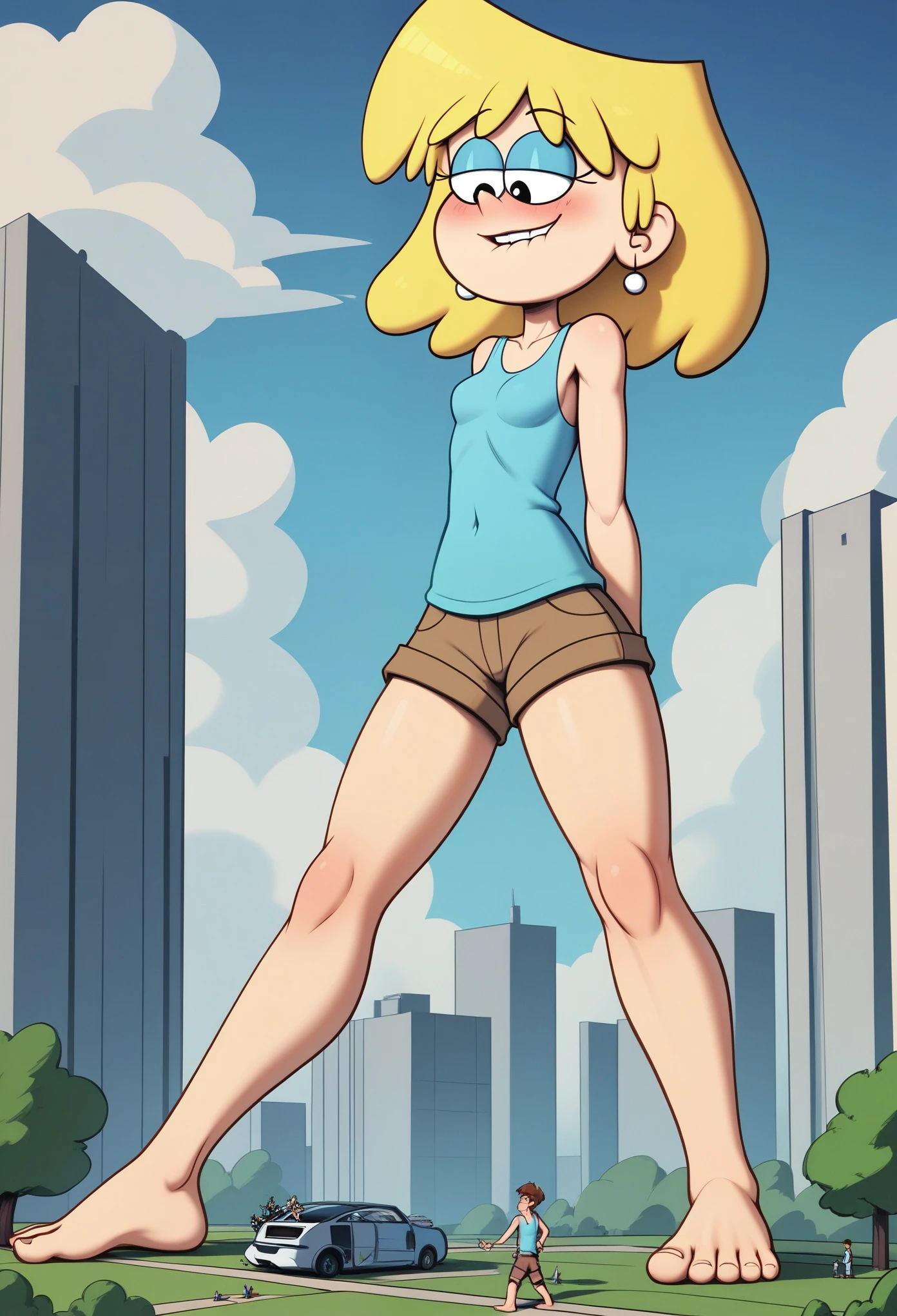 Nsfw, Masterpiece, best quality, illustration, hd, 4k, cartoon, 1girl, giantess, giga size, barefoot, tiny poeple, growth, growing effect, feettease, teaser, teasing, ripped clothes, blush, lip bite, horny look, lori loud, blonde hair, medium hair, blue eyeshadow, earrings, blue tank top, brown shorts,