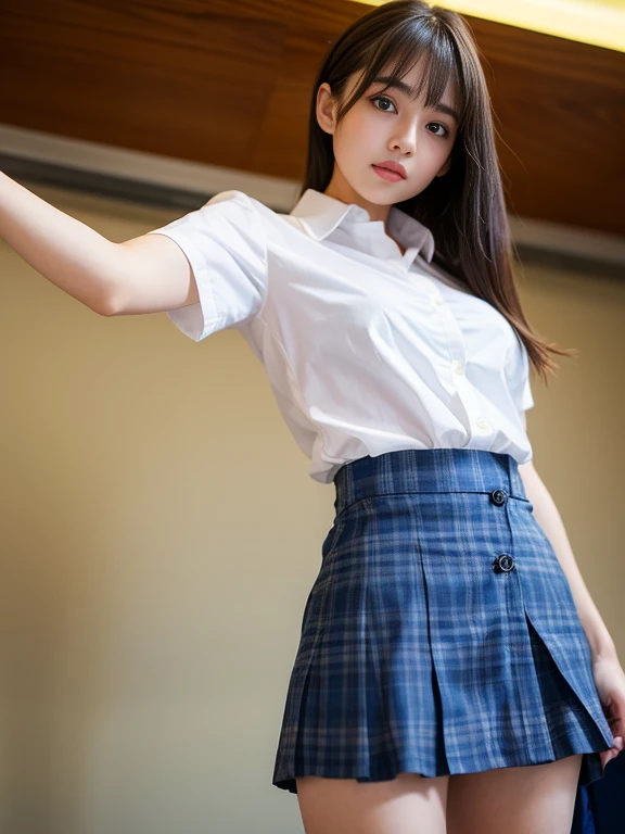 (extremely detailed CG:1.2), (masterpiece:1.2), (best quality:1.2),,((absurdres)),looking at viewer,full body, ,(1girl),solo,(long hair),(mathayom uniform),(white shirt short sleeves),(navy_blue pleated skirt),(long skirt),dynamic angle,standing,dynamic pose,((Delicate facial features)),,