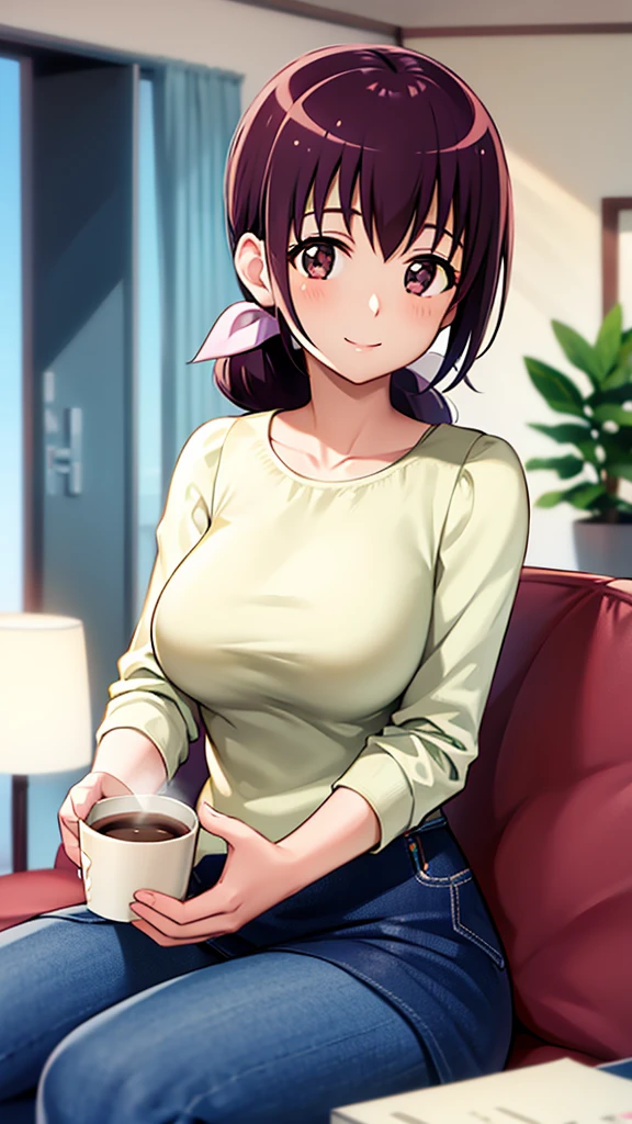 Starry Sky Nurture, Hair tied back, young face, large breasts, coffee in the living room, smiling, happy