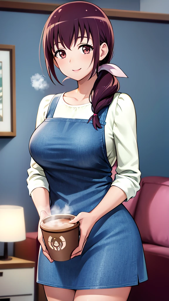 Starry Sky Nurture, Hair tied back, young face, large breasts, coffee in the living room, smiling, happy