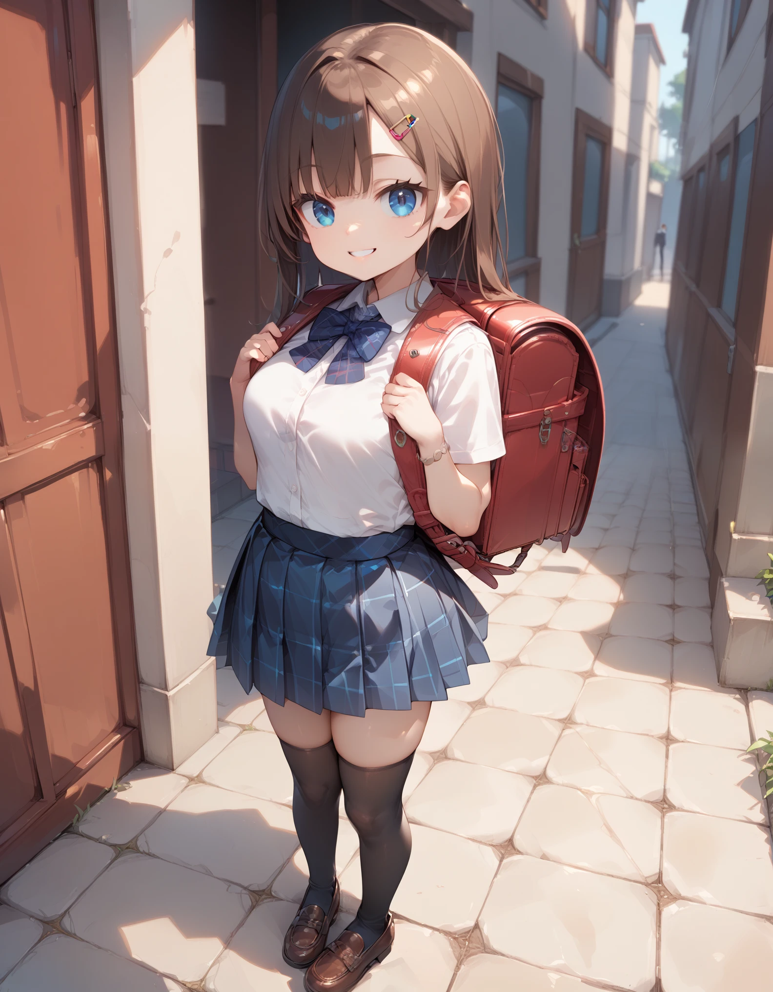 Masterpiece, hd, best quality, 1girl, brown hair, blue eyes, smile, long hair, hair clip, medium breasts, wear school uniform, white collared shirt, short Sleeves, blue bowtie, blue plaid skirt, black thighhighs, Brown shoes, wearing school backpack, brown backpack, square backpack, standing, fullbody, outdoor