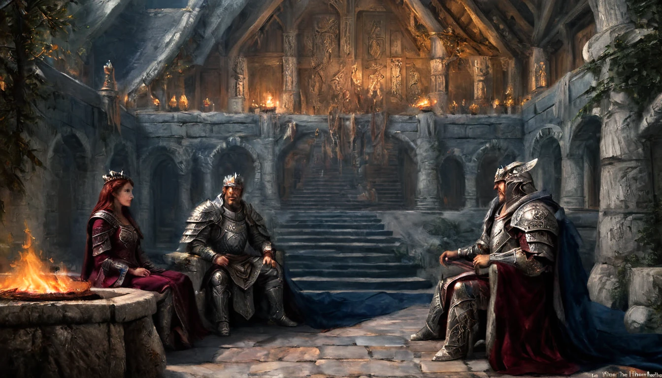 In the heart of the grand throne room, reminiscent of Dragonsreach in Whiterun, the flickering light of torches casts long shadows over the intricately carved wooden thrones. The massive beams above creak under the weight of time, while the stone walls are weathered by centuries of history. Seated upon their regal thrones, the King and Queen wear armor that gleams with silver and iron, fused with royal velvets and furs of deep burgundy and midnight blue. Their eyes burn with wisdom and battle-worn resolve, embodying the fierce nobility of Nordic rulers. The air is thick with the scent of burning pine and the quiet hum of ancient power., Surrealism, Hyperrealism, Impressionism, UHD, retina, masterpiece, accurate, anatomically correct, textured skin, super detail, best quality, 16k