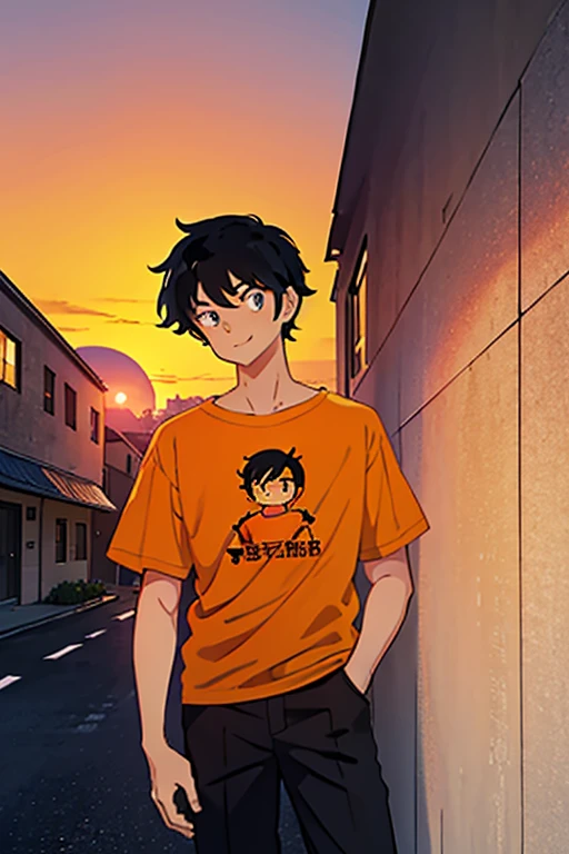 a black haired boy, wearing an orange t-shirt leaning his back against a wall, seen in profilehas a smile and looks at the viewer,the environment is a school with a sunset sky and in the distance you can see the entrance of the school, seen from the side.