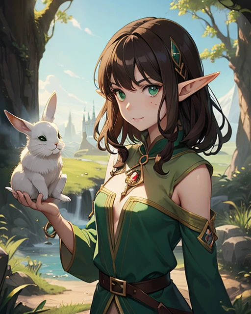 Half elf witch, green eyes, short brown hair, white rabbit familiar, fantasy art, staff with gem, beauty mark under eyeBraid, Anime Style, Anime, 