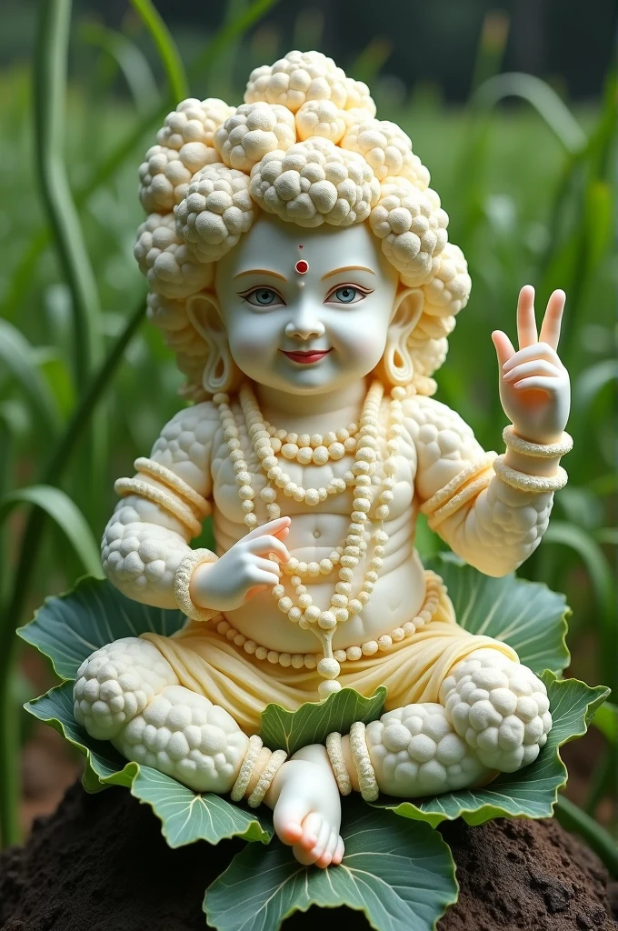 A cauliflower made statue of Shri Krishna in the cauliflower fields.