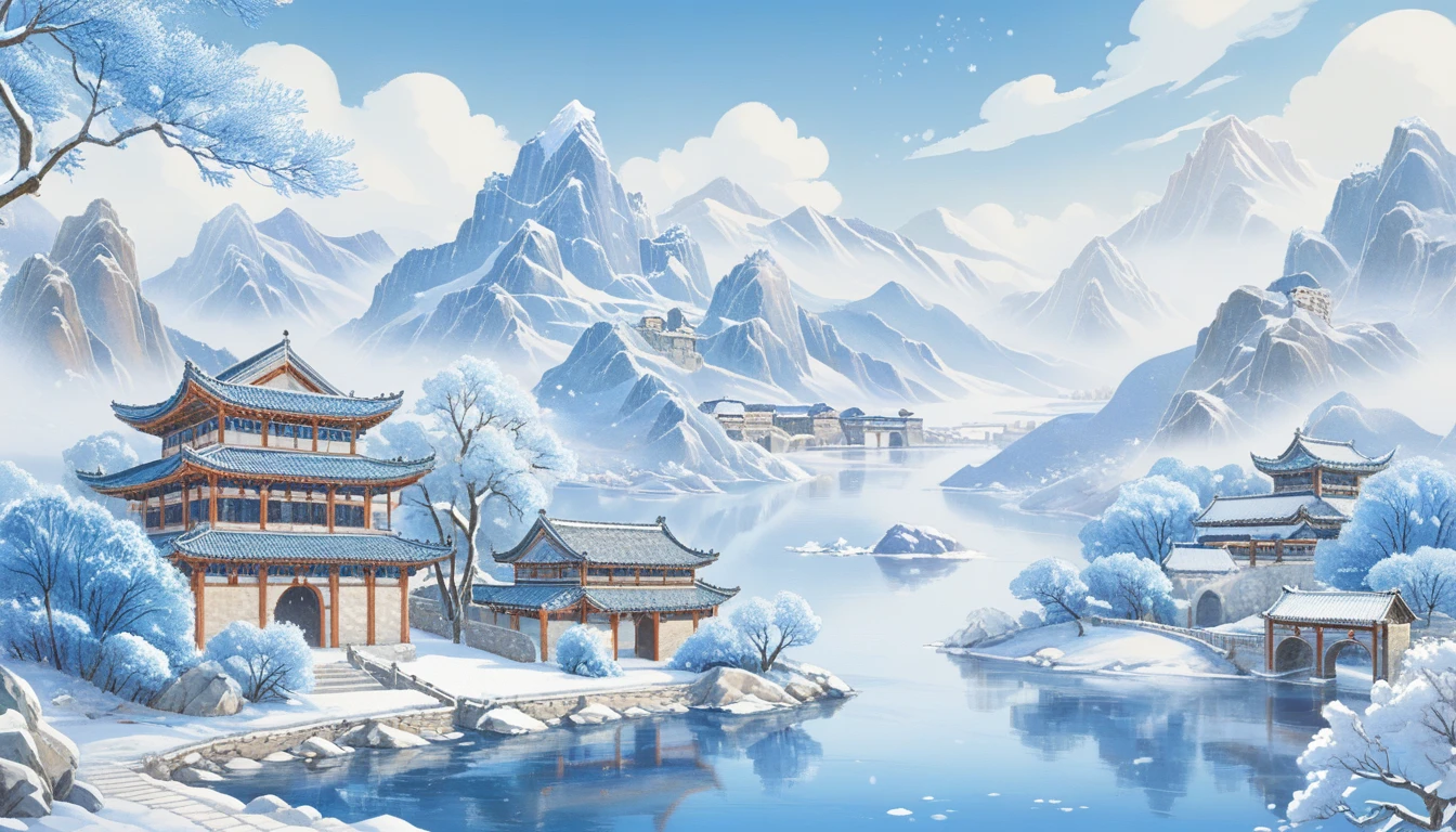 Winter city scenery，Ancient buildings，Lake embellishment，bridge，Snow Scene，The overall color is blue, best quality, ultra detailed, very detailed colors 