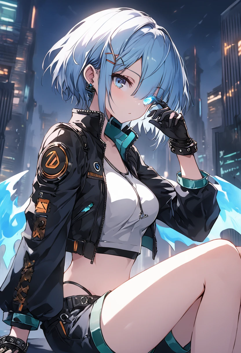 (uncensored), score_9, score_8_up, score_7_up,source_anime, high quality, exceptional, best quality, perfect hand, 1 girl, (solo), side view, detailed face, detailed eyes, ((her right eye is glowing, blue fire)), (((short hair))), (dark), ((grey crop top)), ((black g-string panties)) , (middle size breasts), ((designed black jacket)), (((short pants))), ((leather gloves, her hand have cyberpunk handgun)), ((sitting on the edge of a building, night)), hatsune miku, no hair clip, thin light blue hair, blue eyes visible through hair, glowing eye, (cyberpunk), steampunk near future city, a lot of building