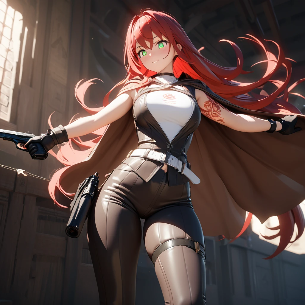 (8K, Best quality, tmasterpiece:1.2),\(Eyes detailed\),\(facial feature\),Temanin tights,(surface focus) ,ultra - detailed,A high resolution,beautidful eyes,dramatic shadow,dramatic angles,hyper-detailing,(1 girl:1.3),(Alone),red hair clothing,red eyes,(/Big-breasted mom, I do ,Charm remains/),A mature woman,Sister head,Huge cleavage,Tall lady,Thigh thick,Weakness of the abdominal muscles,Willow waist,((One hand crossed at waist,Head slightly bowed,ssmile,Thick lips:1.3)),(External,Empty street in the background),((Correct human body angle,wide wide shot,Focus on the heroine in the picture,Shoot from a height,Excellent light and shadow supplement:1.4)),