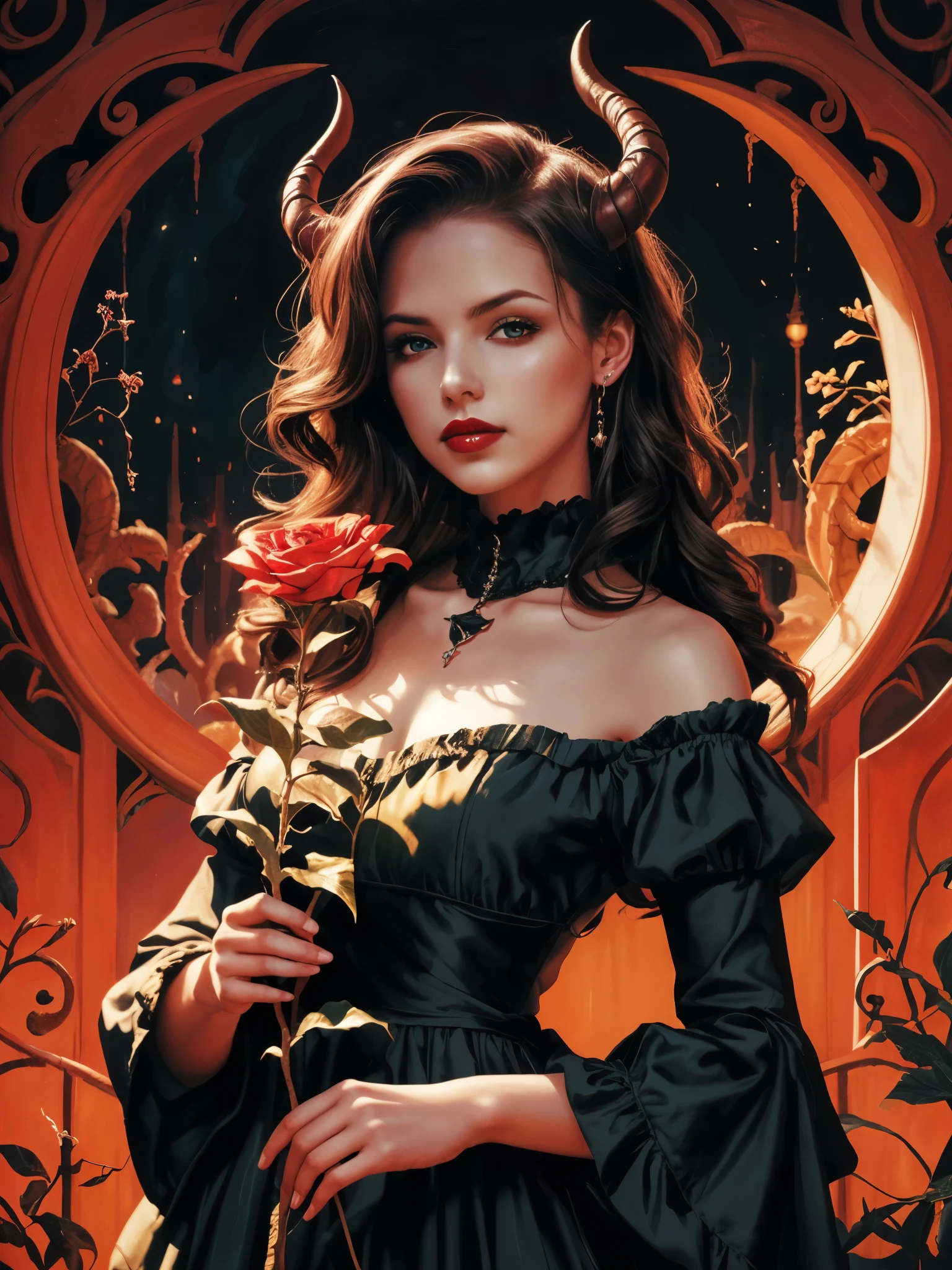 oil painting, impressionism, abstract, surrealism, girl, holding flower on her chest, ruched off-shoulder tunic dress, long wavy hair, looking at viewer, red lipstick, satan, succubus, blue pupils, gothic, dark fantasy, dramatic, vibrant, feminine, elegant,