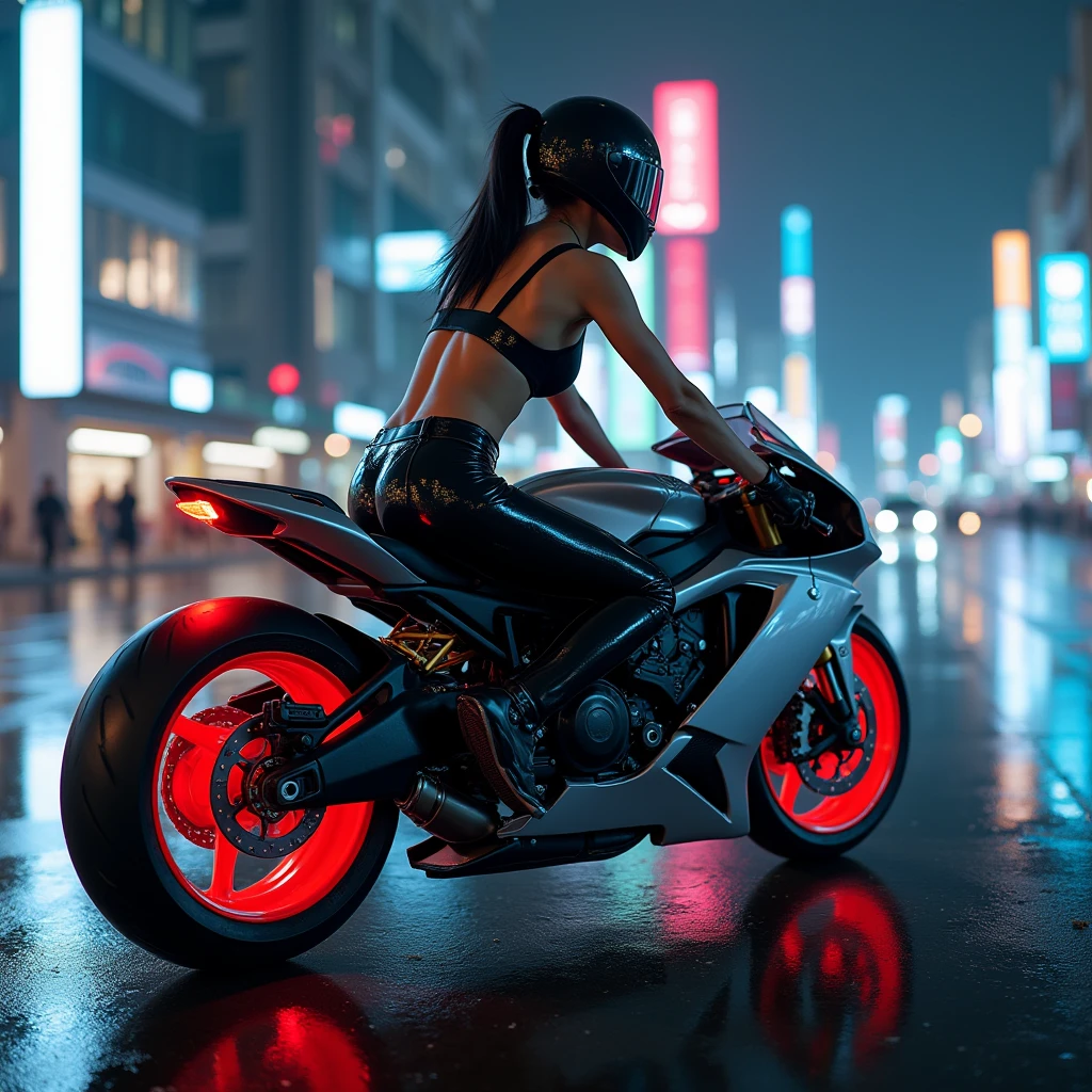 A hyper-realistic and highly detailed photograph of a woman with a voluptuous body and full breasts, wearing futuristic clothing with RGB LED details. She is wearing a helmet that reflects the neon lights of a dystopian Tokyo. She is standing next to her futuristic motorcycle inspired by the film Tron Legacy, with its wheels glowing in the dark. It is midnight, and the scene is very dark with heavy fog and many fireflies flying around her. The image has a prize-winning quality and is post-processed using Unreal Engine 5 for enhanced realism and atmospheric effects. The scene is captured with a Sony A7R IV paired with a 35mm f/1.4 GM lens, ensuring stunning clarity and rich details. The lighting is dramatic, with the neon lights and glowing wheels providing subtle illumination. The aspect ratio is 9:21, emphasizing the vertical composition