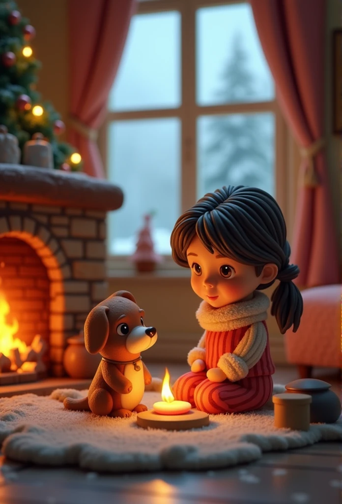 night, The living room only has the light of the fireplace, An adorable 3-year-old fell asleep on the couch next to the fireplace in the living room,Mom covers her with quilt, best quality, fine details, bright colors, sharp focus。