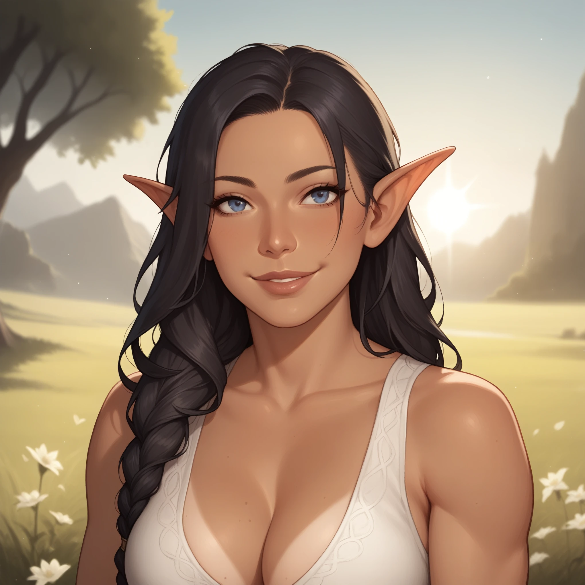 (((high quality, comics style, detailed face))), score_9, score_8_up, score_7_up, BREAK, bust shoot view, solo, 1woman, a Westerosi girl, half-elf, 18 years-old, short pointed ears, wearing a long regal dress, sun-tanned complexion, tall, athletic, busty, cleavage, dark hair, long hair, waist-length hair, attractive smile, (heart shape), dynamic pose, posing in a field of wildflowers, fantasy outside, blurred background, Expressiveh, detailxl