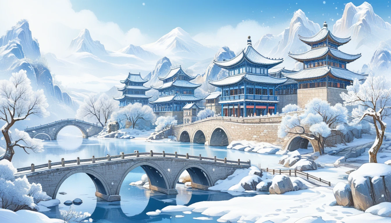 Winter city scenery，Ancient buildings，Lake embellishment，bridge，Snow Scene，The overall color is blue, best quality, ultra detailed, very detailed colors