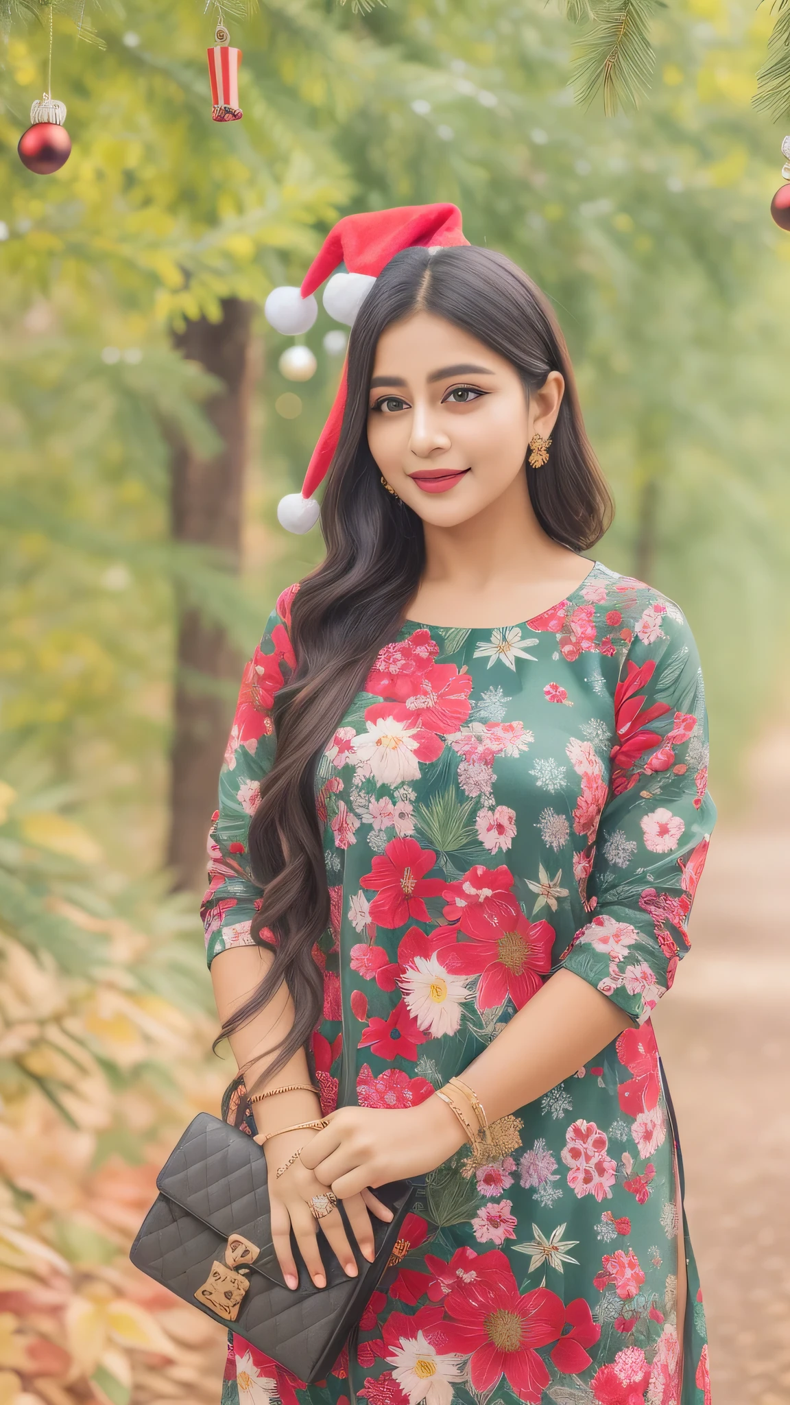 a woman in a floral dress standing in a forest, traditional beauty, candid picture, * colour splash *, with lovely look, very beautiful girl, kyza saleem, very beautiful, cute beautiful, beautiful image, very beautiful photo, very extremely beautiful, beautiful girl, with beautiful colors, wearing a kurta, beutifull, beutiful, very very beautiful,HD, (finest details), (best quality), Merry, Christmas decorations, night, Christmas theme, Christmas gifts, Christmas tree, best quality, high resolution, Christmas decorations, lights, snowflakes, (( (Red Christmas hat))),