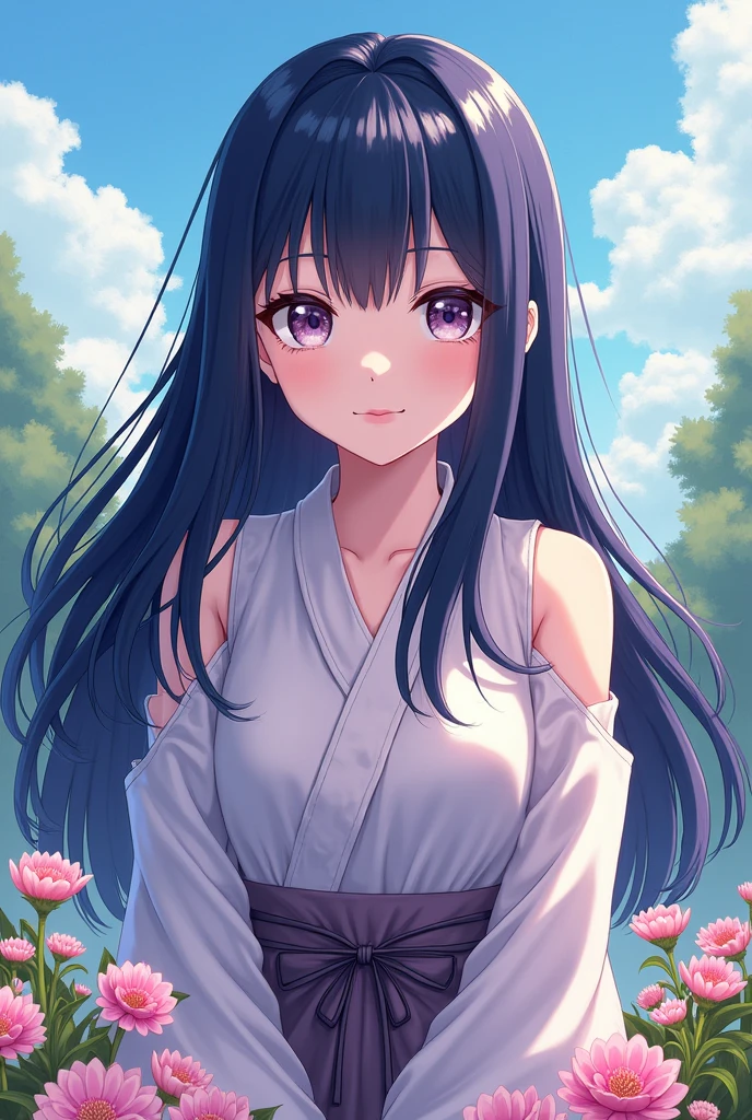 anime girl with long black hair and blue eyes with flowers in her hair, anime visual of a cute girl, close up iwakura lain, anime moe artstyle, iwakura lain, close up of iwakura lain, smooth anime cg art, visual novel cg, anime portrait of shiina ringo, anime best girl, hanayamata,nude, show breast, boobs