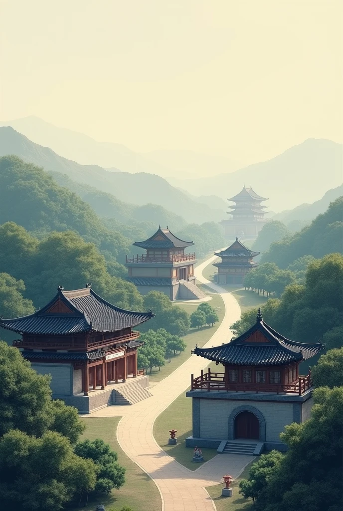 painting of a chinese temple with a person walking down the path, Pintura digital de um pagode, Cidade chinesa sonhadora, Paisagem chinesa, dreamland of chinese, inspirado em Yang Buzhi, Pagodes nas Colinas, arquitetura chinesa antiga, Fundo do templo, taoist temples and monks, chinese palace, inspirado em Wu Hong, Fundo representando um templo, beautiful render of tang dynasty