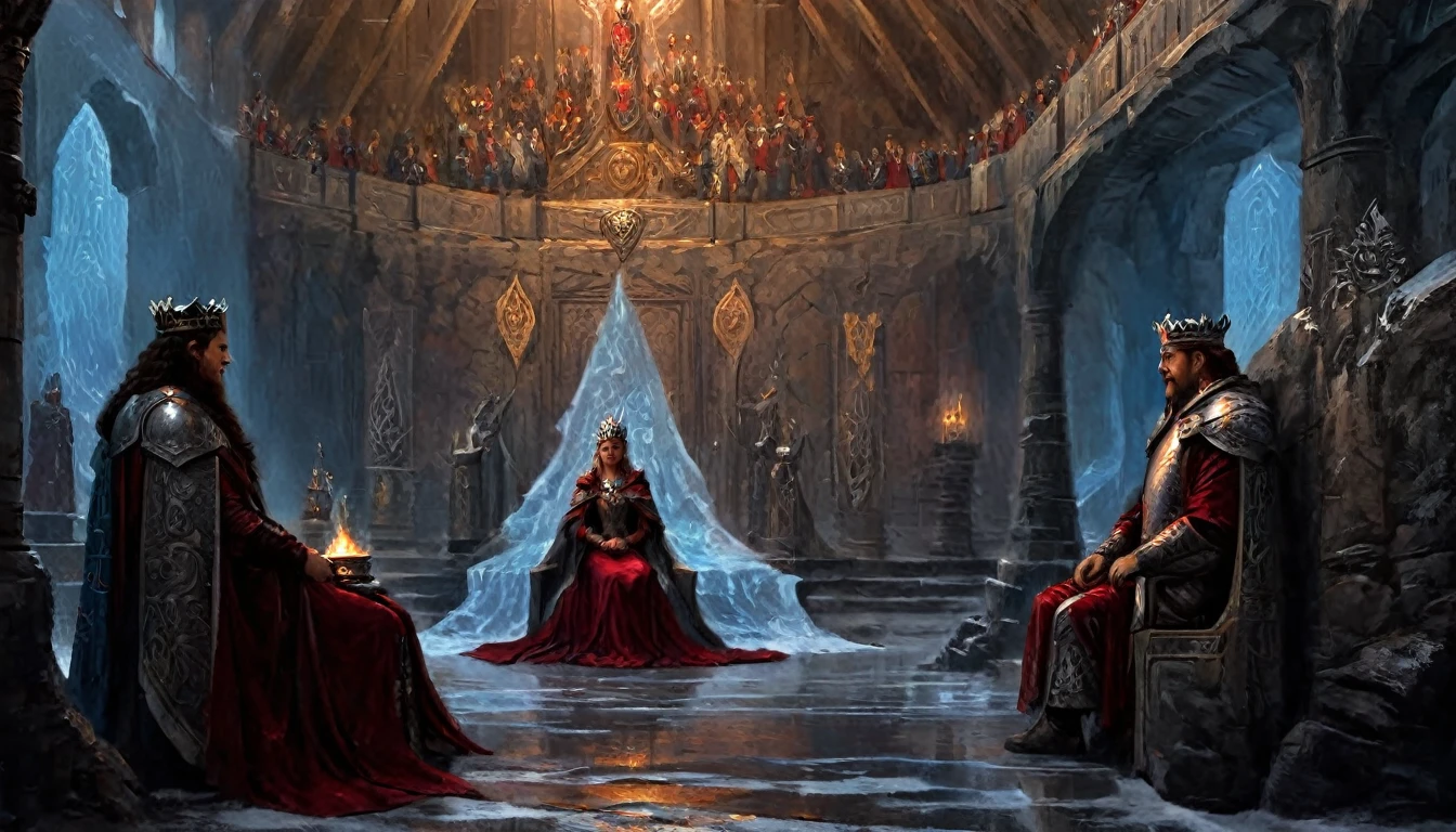 In the dimly lit throne room, draped in the grandeur of Nordic banners and cold iron, Queen Lahpyrcopa and King Ytluaf sit tall on their thrones, their figures exuding strength and royal heritage. The room is alive with the flicker of torchlight, casting shadows on the ancient stone walls, while the crests of their ancestors hang proudly above them. Their armor, a mix of dark steel and fur, speaks of battles fought and victories earned, adorned with intricate designs that tell tales of their noble lineage. The Queen’s gaze is sharp, unyielding, while the King’s eyes carry the weight of leadership, both embodying the raw power of Nordic rulers. Around them, the banners sway gently, painted in deep crimson and icy blue, colors of blood and winter, the heart of their reign. The air is thick with history, a silent whisper of old gods and long-forgotten wars., Surrealism, Conceptual art, Realism, Impressionism, Hyperrealism, UHD, retina, masterpiece, accurate, anatomically correct, textured skin, super detail, best quality, 16k