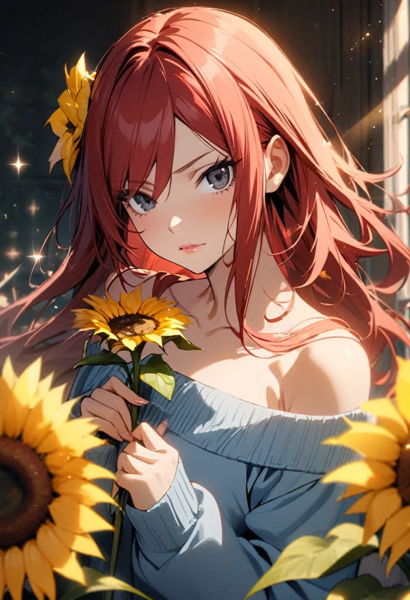 【Highest Quality, masutepiece】 [young woman lying on back, expressioness,deep gray eyes, swept bangs, dark red hair,low twin tails, slate atmosphere, faded colors,above shot, from above, strapless beige top, jeans, sunflowers, hand in hair, hair tossed in wind, looking to the side, stoic, Upper body] (Gloomy background:1.2),small breasts , sunset, golden field, distant windmills, colorful flowers, golden trees, 