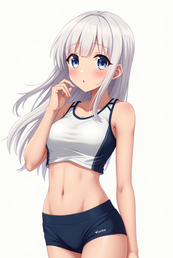 ((Highest quality、Masterpiece、Very detailed、4K))、One Woman、Beautiful Skin、White shirt、Sports bra、Shorts、(Purple Eyes)、(Gray Hair)、(stand)、((Rin々A beautiful smile))、Sweating、(Beautiful armpits)、(Climax)、(Shaking)