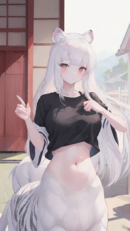 (best quality, masterpiece), 1 girl, centaur, It takes,White skin, belly button t-shirt, 아름다운 소녀 perfect white tiger photo, perfect white tiger photo