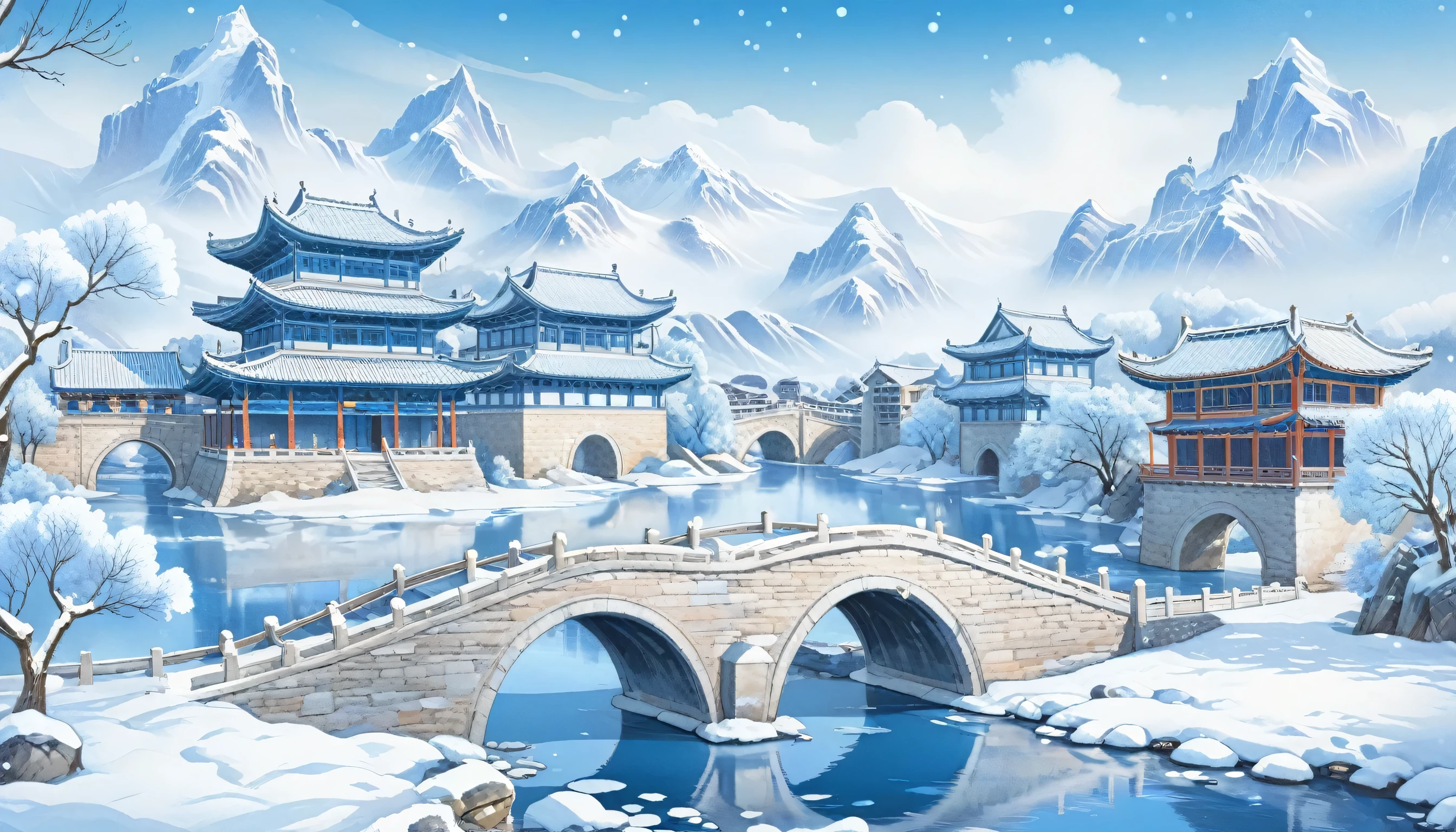 Winter city scenery，Ancient buildings，Lake embellishment，bridge，Snow Scene，The overall color is blue, best quality, ultra detailed, very detailed colors