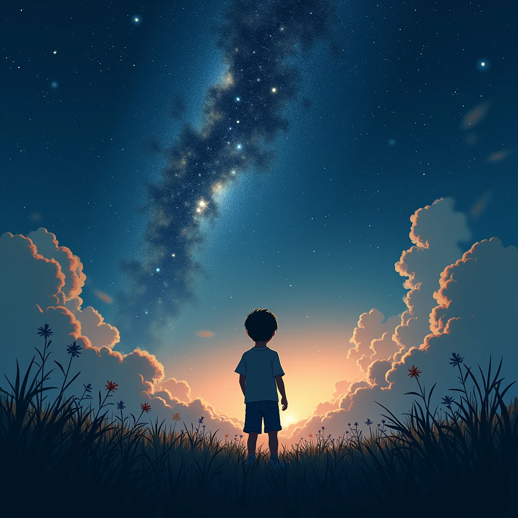 A realistic image of a boy staring at universe at night time