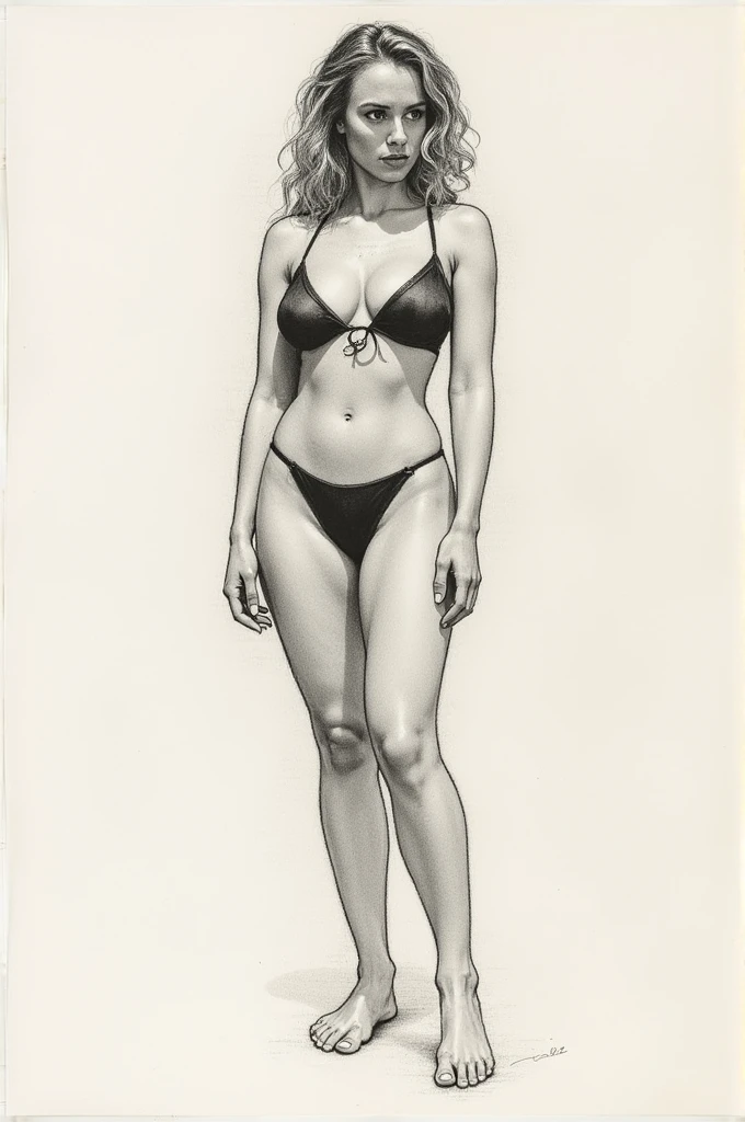 Black and white pencil sketch of a fat woman in a bikini, standing with her back turned, curvy body, curved hips, anatomy, white background.