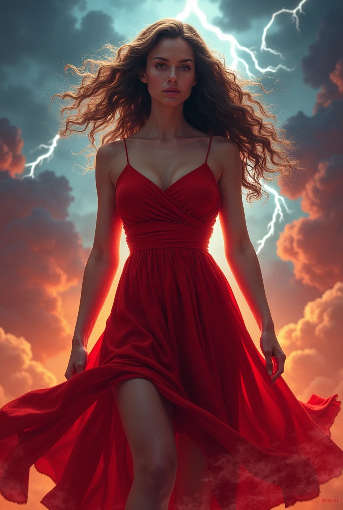 African goddess Iansã with red robe colors, flying inside a hurricane , in a Goddess pose 