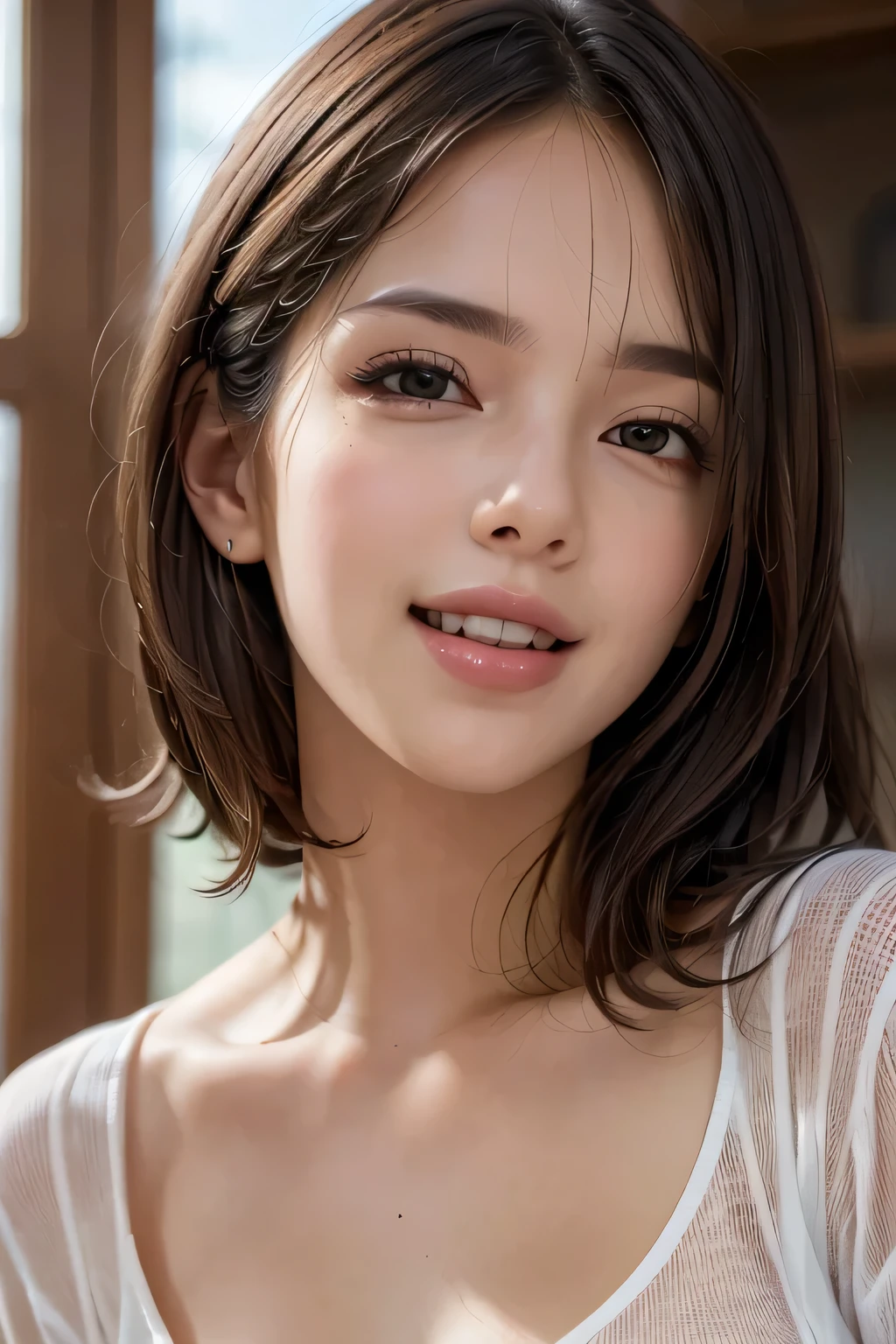 ((masterpiece)), ((Best Quality)), ((8k)), ((Surreal)), ((Realistic)), (Mature), ((No classes)), Very detailed, (1 female), Beautiful and exquisite, (Beautiful Teeth), Grin, brunette pixie cut, Brown eyes, ((blouse)), (Upper Body), ((background:none)), Perfect Eyes, Captivating eyes, Gazing at the audience