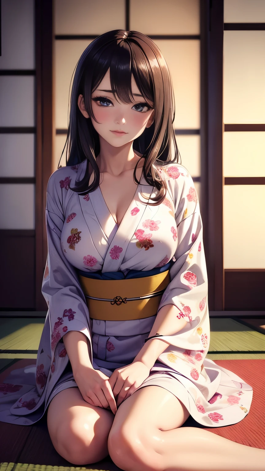 Beautiful woman in floral ((yukata)), Small, You can see the bra, Beautiful face, Strong-willed eyes, Medium long, brown haired, Tatami room, traditional Japanese room, 8K picture quality, Best Quality, masterpiece, super A high resolution, (Photorealistic:1.4), (Raw photo), High quality drawings, An ultra-high picture quality, ultra-quality, ultra-fine drawing, ultra-detailliert, Extremely detailed, Finely detailed, Realistic, Beautiful, Supreme Beauty, dark colored, natural soft light, Ultra-delicate images, Ultra-detailed details, Best Shots, The whole picture, Best Quality,
