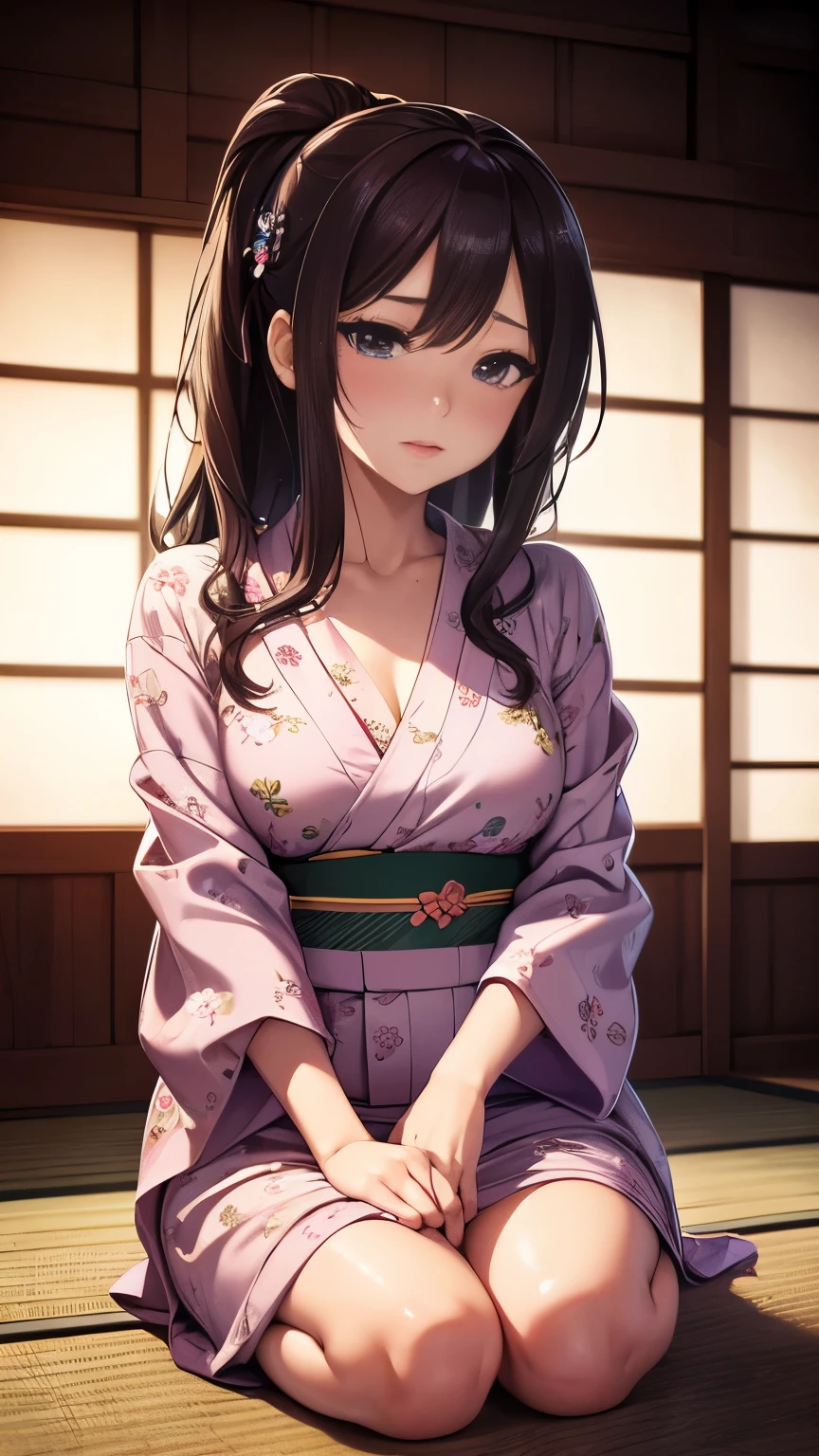 Beautiful woman in floral ((yukata)), Small, You can see the bra, Beautiful face, Strong-willed eyes, Medium long, brown haired, Tatami room, traditional Japanese room, 8K picture quality, Best Quality, masterpiece, super A high resolution, (Photorealistic:1.4), (Raw photo), High quality drawings, An ultra-high picture quality, ultra-quality, ultra-fine drawing, ultra-detailliert, Extremely detailed, Finely detailed, Realistic, Beautiful, Supreme Beauty, dark colored, natural soft light, Ultra-delicate images, Ultra-detailed details, Best Shots, The whole picture, Best Quality,
