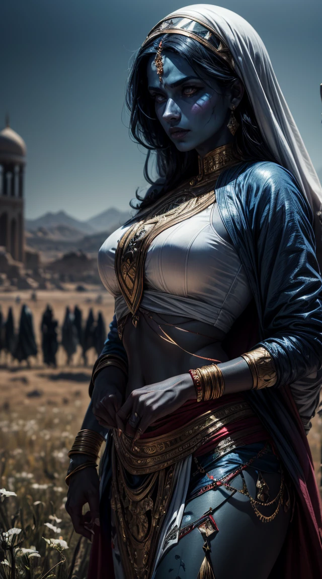 arab woman, blue skin, she has four arms, arabic swords on each hand, indian woman, arabian rogue battle white clothes, arabic swords, field background  (best quality,4k,8k,highres,masterpiece:1.2), HDR,UHD,studio lighting,ultra-fine painting,sharp focus,physically-based rendering,extreme detail description,professional, 